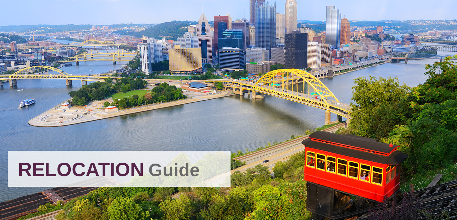 Alt text: "View of downtown Pittsburgh with its skyline, yellow bridges, and rivers, seen from an elevated point with a red and yellow incline railway car in the foreground, overlaid with the text 'Relocation Guide'."